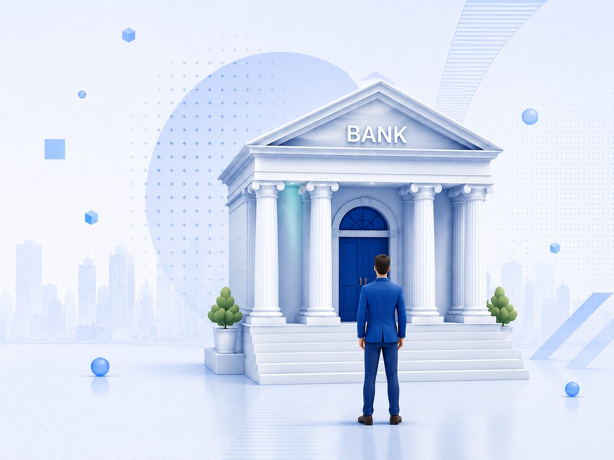 Professional walking toward a bank building